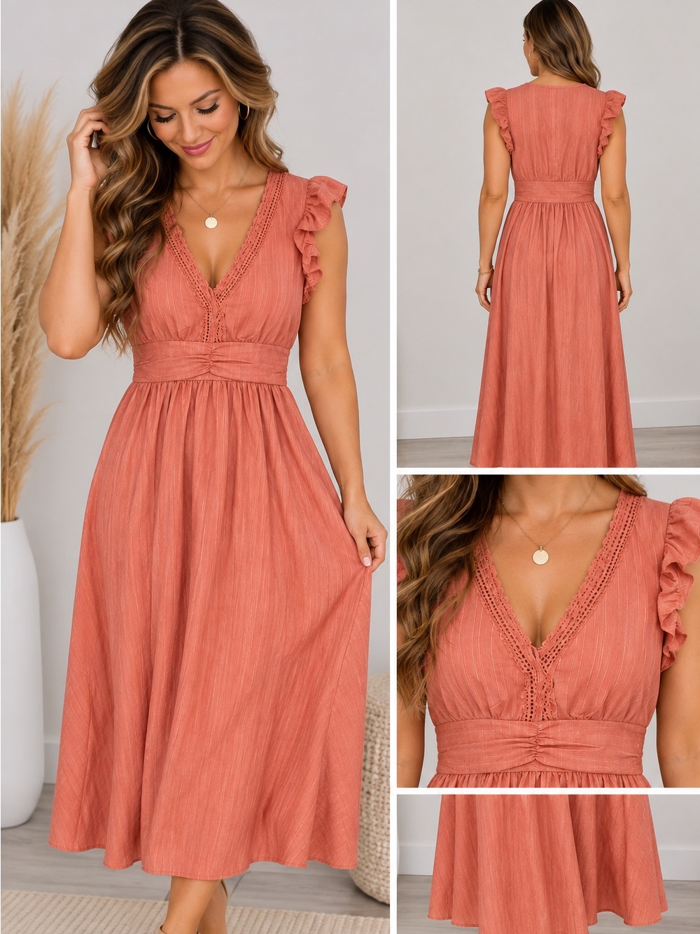 SHEIN Women’s Small Coral Ruffle Sleeve V-Neck Midi Dress NWOT